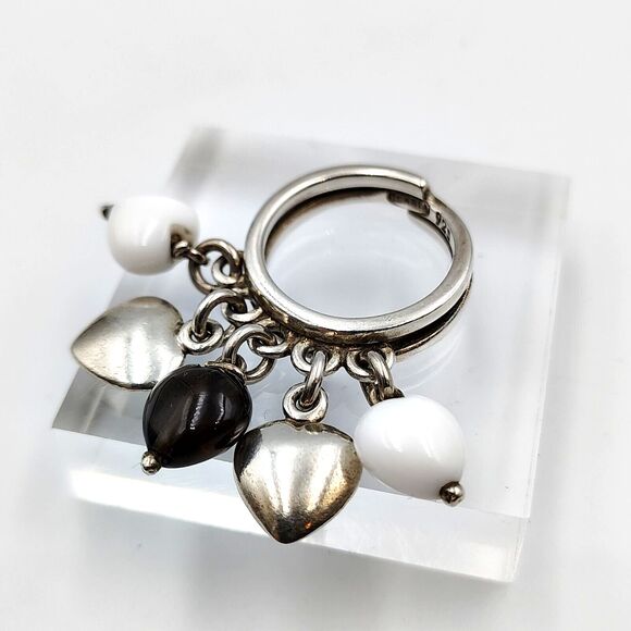 Vintage Ilaria Sterling Silver 925 Heart Smoky & Milk Glass Charm Ring Sz 6.5